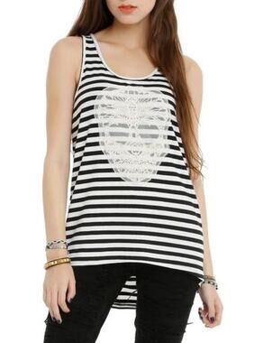 Hot Topic Black & White Striped Lace Sugar Skull Tank Top - Size Small - Hi-Low